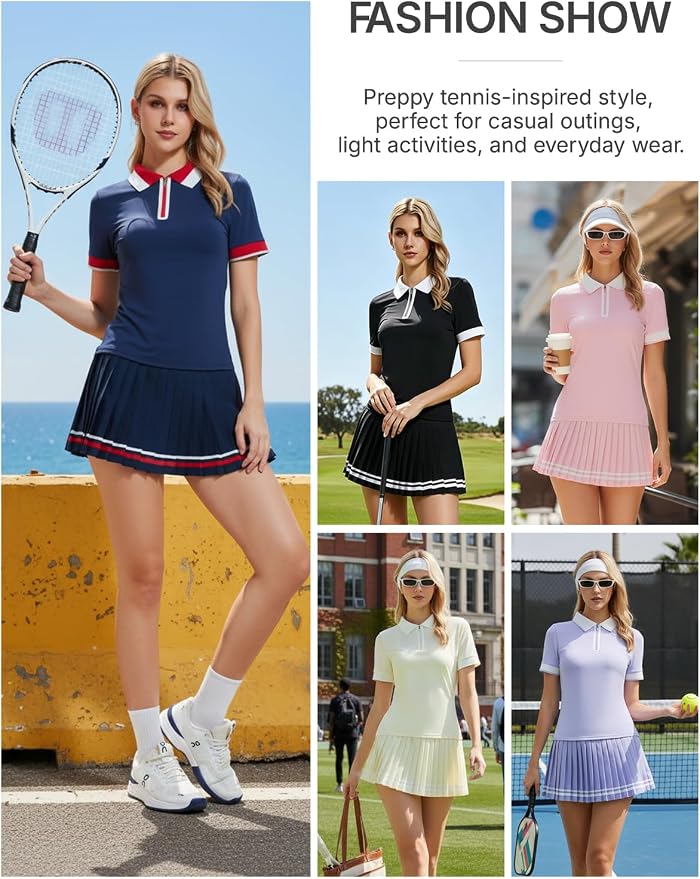Women's 2-Piece Tennis Skirt Set, Polo V-Neck Top & High-Waisted Pleated Skirt, Athletic Outfit for Golf Pickleball