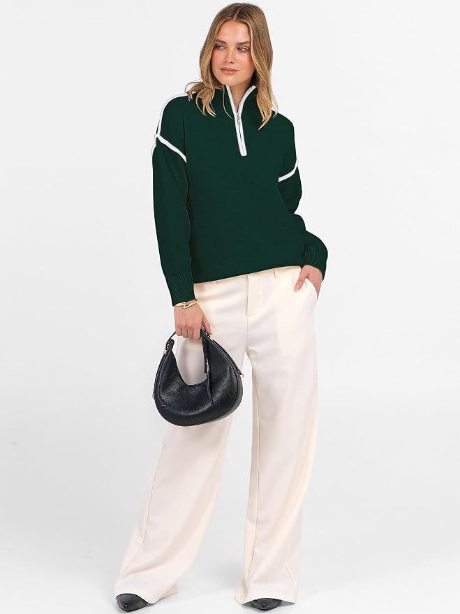 ANRABESS Womens Quarter Zip Sweaters Fall Long Sleeve V Neck Shirts Collared Business Casual Tops Knit Pullover Sweatshirts