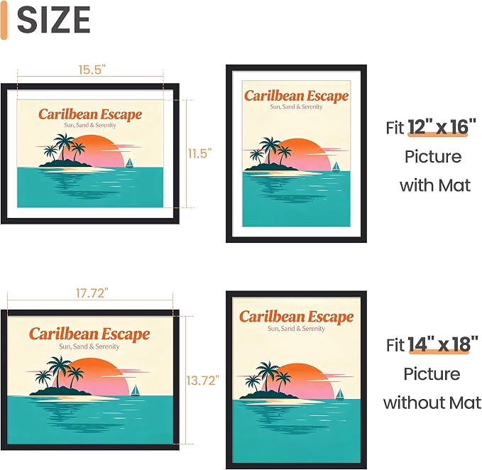 upsimples 14x18 Picture Frame, Display Pictures 12x16 with Mat or 14 x 18 Without, Wall Hanging Poster Frames, Black, 1 Pack