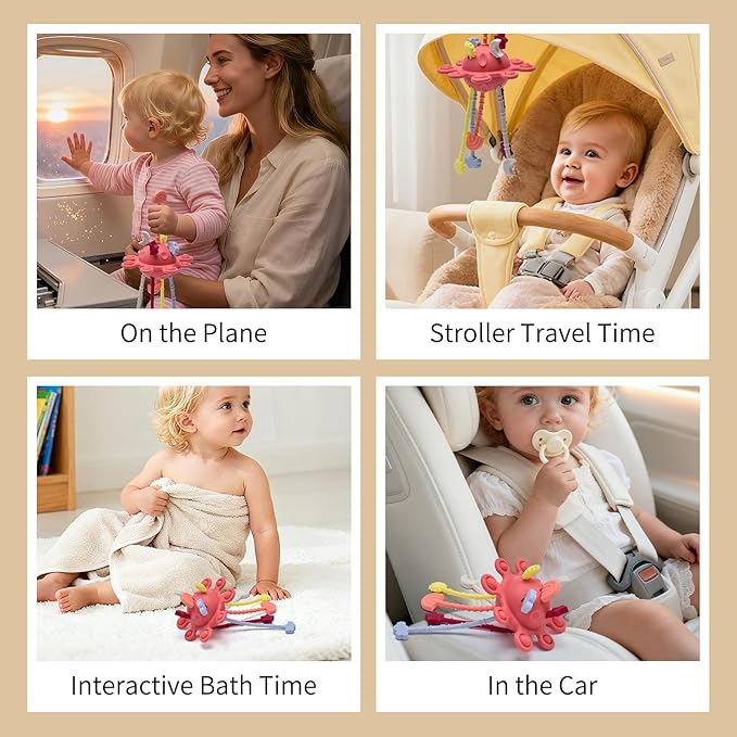 Little Rawr Silicone Baby Sensory Montessori Toys & Pull String Teething Toys for 18 M+, Toddler Birthday Gift Car Seat Airplane Travel Toy for 1 2 Year Old Boy Girl Infant 18+ Months Old (Red)
