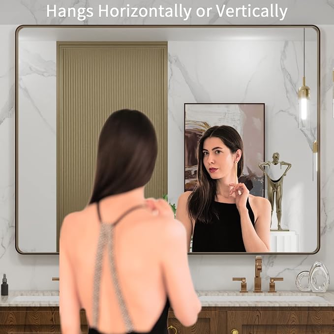 LOAAO 48"X36" Bronze Bathroom Mirror | Rounded Rectangle, Brushed Bronze Metal Frame, Anti-Rust, Tempered Glass, Hangs Horizontally or Vertically