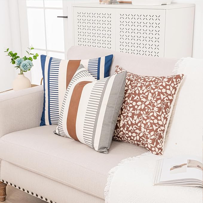 2 Pack 18x18 Inch Pillow Covers - Brown Faux Leather & Gray Stripe Print Soft Cotton Splicing, Same Pattern Both Sides | for Sofa Couch Bed Living Room, Farmhouse Industrial Minimalist Decor
