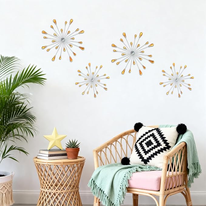 ZEXUIRU 4 Set Silver Starburst Wall Art for Home Decor Metal Bling Crystal Rhinestones Sunburst Wall Decor Sparkling Rhinestone Art Accent -Orange 13in/11.8in/9.8in/9.8in