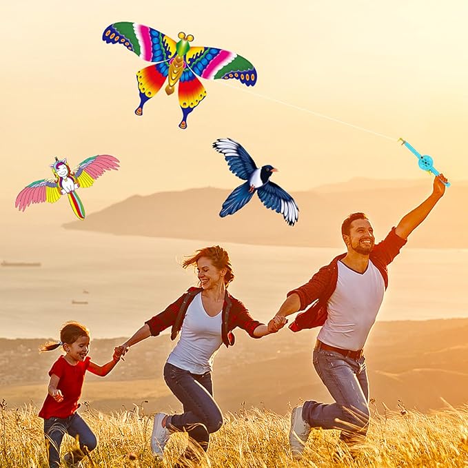 VioraWhite 10 Pcs Fishing Rod Kite for Kids, Vivid Butterfly Swallow Parrot, Easy to Fly, Swallows, Bald Eagles, Magpies Kites for Family Adults Spring Outdoor Beach