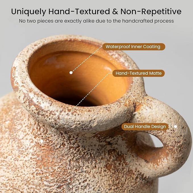 Ceramic Flower Vase, 10.1" Rustic Farmhouse Vase with Glazed Interior, Decorative Pottery Vase for Fresh Flowers, Pampas Grass, Living Room, Dining Table, Mantel and Shelf Decor