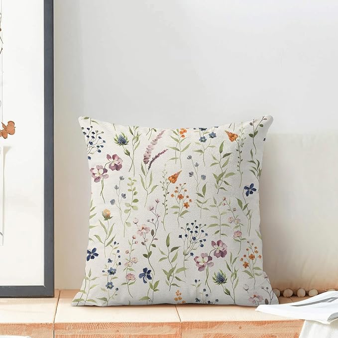 AEIOAE Spring Pillow Covers 18x18 Inch Set of 2, Sage Green Colorful Wild Flower Throw Pillows Case,Seasonal Floral Plant Outdoor Decorative Farmhouse Decor Cushion Covers for Sofa Bed Couch