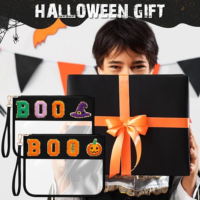 Remerry 2 Pcs Halloween Christmas Chenille Letter Clear Pouch Candy Treat Snack Goodie Bag PVC Makeup Cosmetic Bag Waterproof Preppy Purse Gifts for Women Girls (Boo Pumpkin & Witch Hat Set)