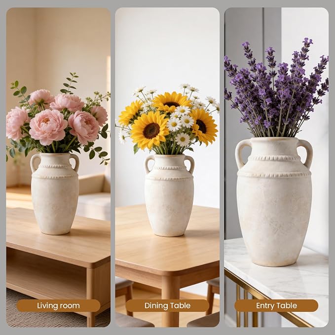 Ceramic Flower Vase, 10.2" Rustic Farmhouse Vase for Home Decor, Glazed Pottery Vase for Fresh Flowers, Pampas Grass, Coffee Table, Dining Table, Mantel and Bookshelf
