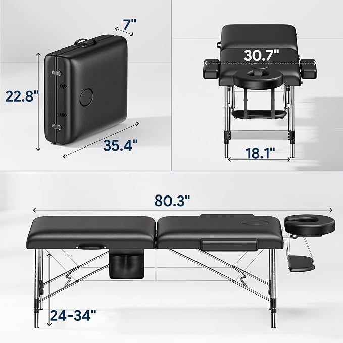 Brelley Massage Table Portable, 2-Fold Lash Bed with Side Pocket, Adjustable Height, Sturdy Aluminum Frame, Esthetician Spa Facial Tattoo Bed with Face Cradle & Carrying Bag, Black