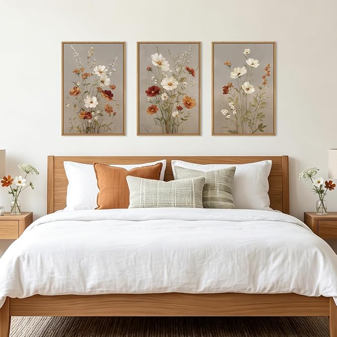 BINCUE Vintage Flower Wall Art Set of 3 Framed Floral Wall Paintings 16x24 | Rustic Wildflower Artwork,Neutral Botanical Wall Decor,Farmhouse Daisy Prints for Living Room Bedroom Office
