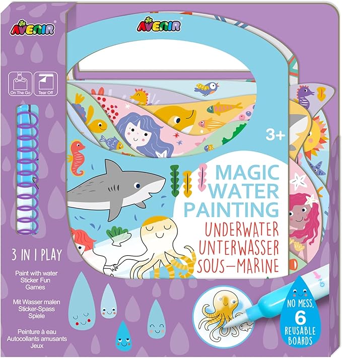 Avenir Reusable Water Coloring Book for Toddlers 3-5 Years, Road Trip & Airplane Mess-Free Portable Educational 4 in 1 Creative Set Water-Reveal Paint Activity Doodle Pad Kids Art Crafts