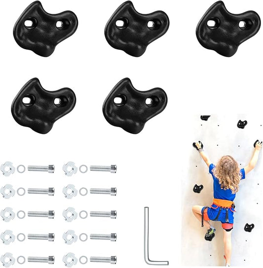 5PCS Black Rock Climbing Holds, Rock Climbing Wall for Kids, Extra Large Size Climbing Rock Wall Grips with Mounting Hardware and Wrench for Indoor Outdoor Playground, Installed on Wooden Board