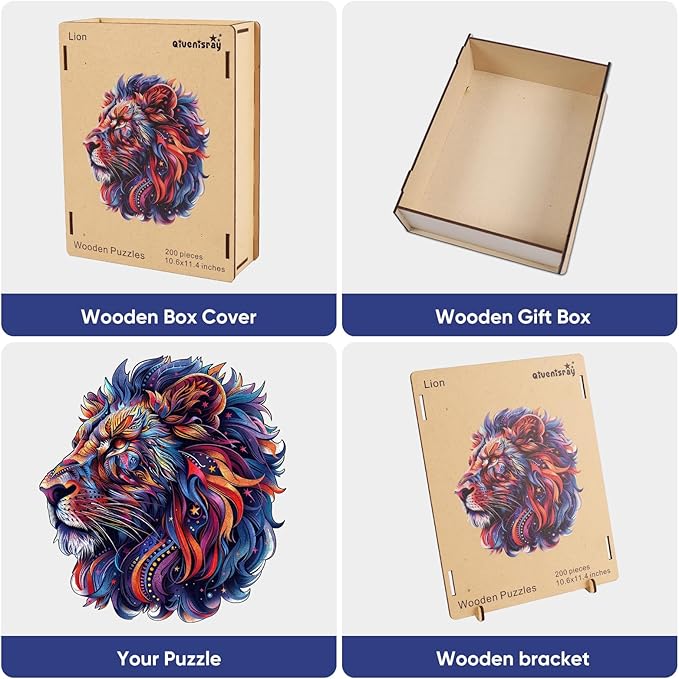 Qiuenisray Wooden Puzzles for Adults 200 Pieces, Lion Jigsaw Puzzles for Grandkids, FSC Certified Unique Shape Animal Adult Puzzles, Creative Gift for Family Game 11.4x10.6 in