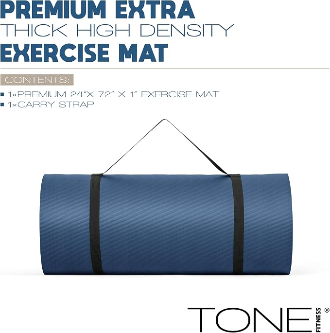 Tone Fitness 1-Inch Thick Yoga Mat | High-Density, Non-slip Exercise Mat with Carrying Strap for Yoga, Pilates, & Home Gym Workouts | Multiple Options