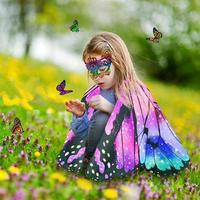 Kids Butterfly Wings Costume for Girls Fairy-Wings Toddler Dress Up Play Costumes Butterfly Skirt Set Mask Party Favors Gifts（Purple & Green+skirt sets）