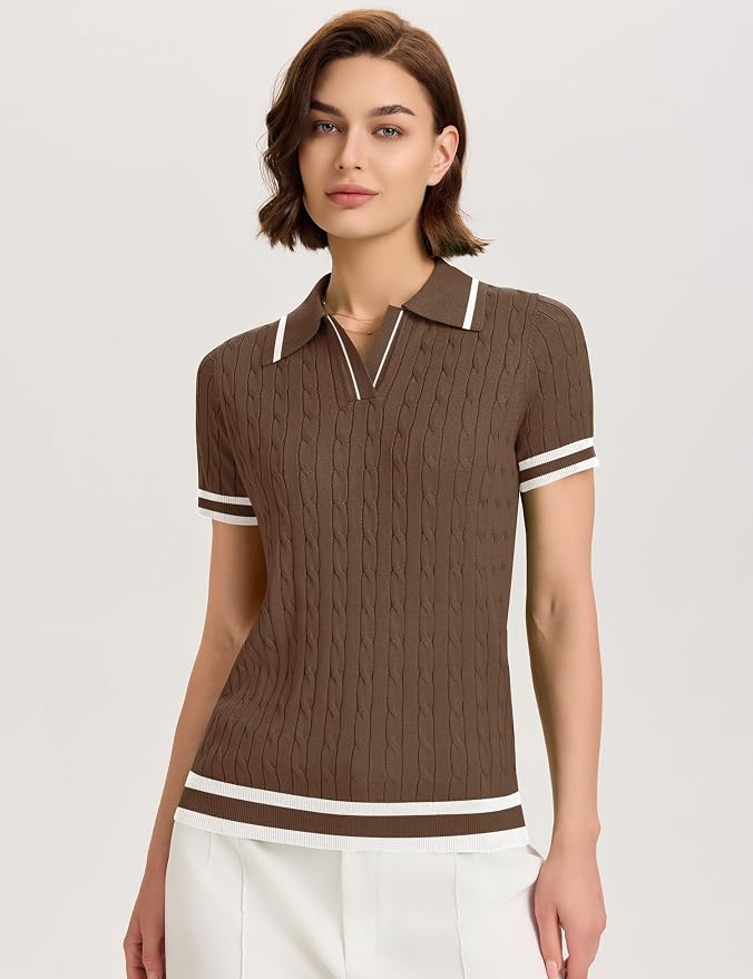 Micoson Womens Short Sleeve Sweater Tops Lapel V Neck Polo Shirts 2026 | Summer Cable Knit Loose Blouses, Business Casual Outfits