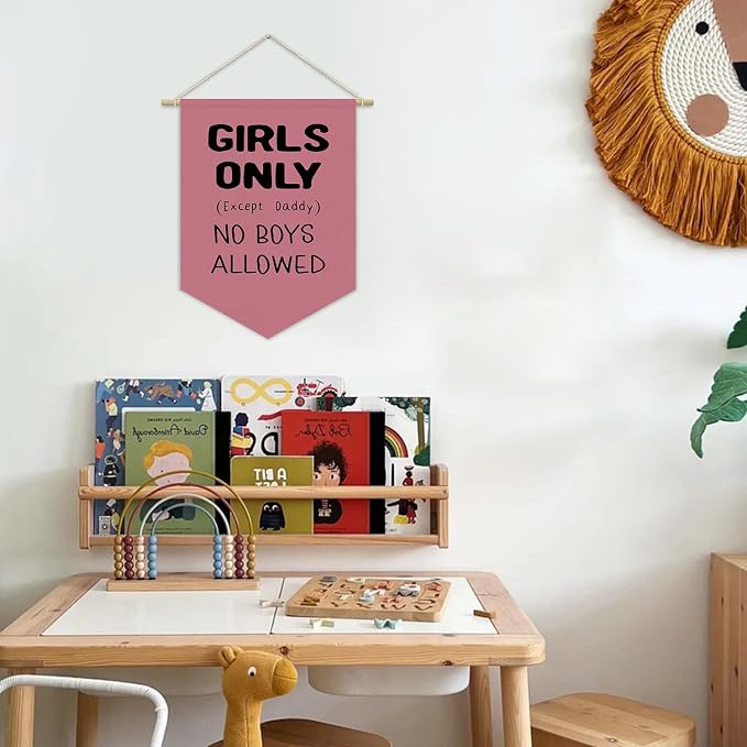 Girls Room Sign Decor Banner,Girls Only No Boys Allowed Door Sign Pennant Flag,Pink Cute Wall Decor for Teen Girls Bedroom Playroom Toddler Little Girl Stuff Wall Hanging Linen Banner 15x11 Inch