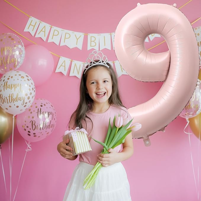 Big Number 9 Balloons, Dusty Light Pink Foil 9 Balloon Numbers 40 Inch, Giant 9th Birthday Party Decor, Pastel Baby Blush Pink Mylar Helium Self Inflating Balloon for Girls Anniversary Decorations
