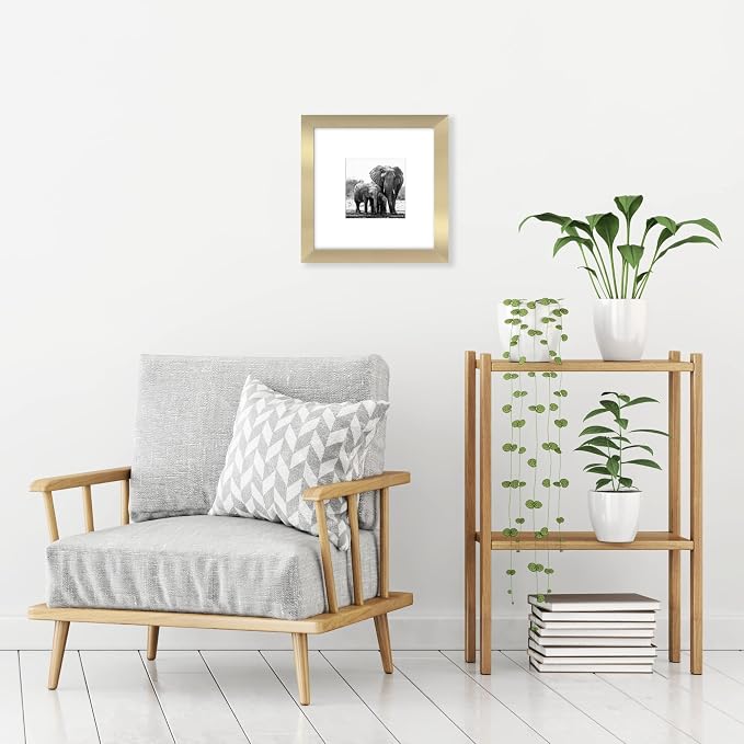 Americanflat 8x8 Picture Frame - Matted to 4x4 - Engineered Wood - Gold | Shatter-resistant glass, wall or tabletop display with included easel, sawtooth hangers included, use with or without mat