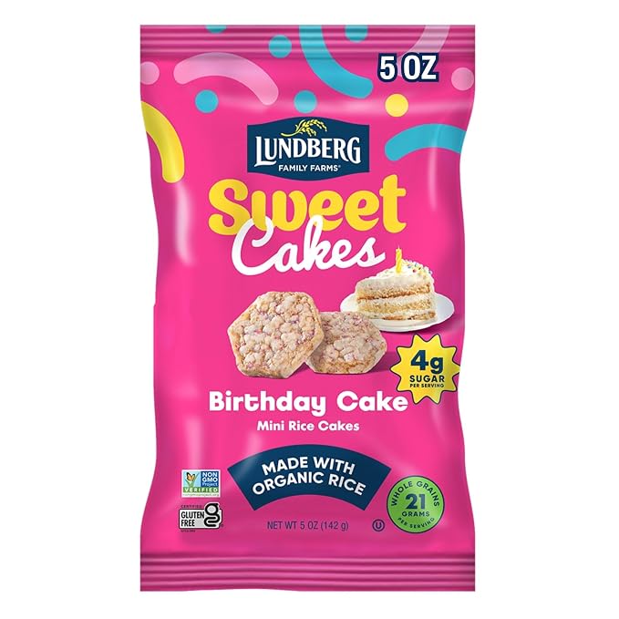 Lundberg Sweet Cakes Birthday Cake | Mini Rice Cakes | Gluten-Free, Non-GMO | 4g Sugar, Whole Grain Snack | Monk Fruit Sweetened | 5oz Bag