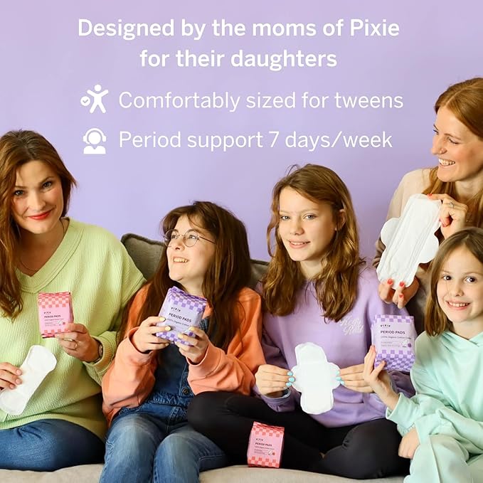 Pixie Period Starter Pads for Teen Girls - Organic Cotton 56ct - Designed for Tweens & Smaller Underwear - Leak-Proof with Wings for Feminine Care - Includes 32ct Mini & 24ct Regular Pads with Wipes