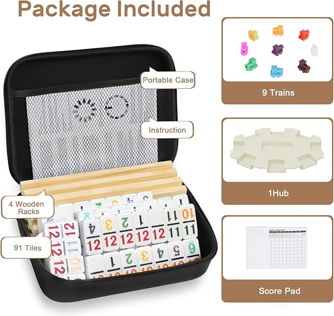 Mexican Train Dominoes Set with Numbers and 4 Wooden Trays/Racks, Double 12 Dominos Travel Set with 4 Tiles Holders, 91 Tiles Double 12 Colored Dominoes Game Set with Portable Case for Families Kids