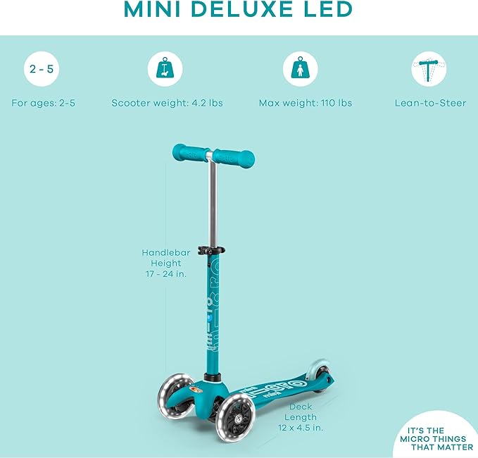 Micro Kickboard Mini Deluxe LED Three-Wheeled Lean-to-Steer Swiss-Designed Micro Scooter