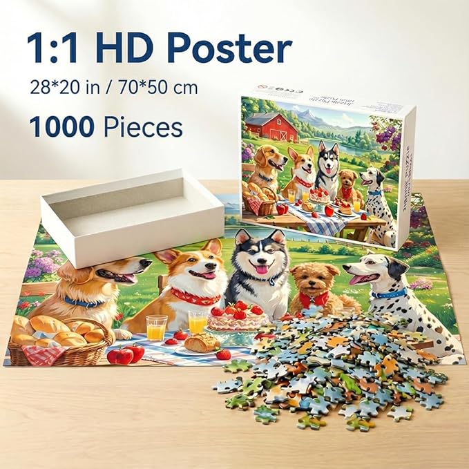 Puzzles for Adults 1000 Pieces - Doggy Picnic Colorful Jigsaw Puzzles, Fun Family Game, Challenging Brain Teaser, 28 x 20 in, Great Gift Idea & Home Decor (Doggy Picnic)