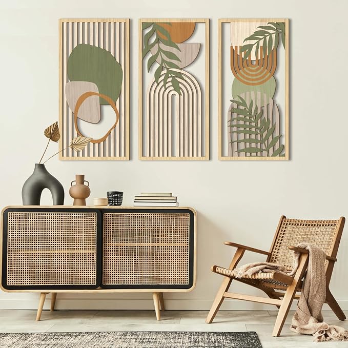 IARTTOP Boho Mid-Century Modern Wood Wall Art 16x32 Inch Large Green Abstract Wood Wall Decor Mid Century Bohemian Artwork for Bedroom Living Room Office Kitchen Set of 3