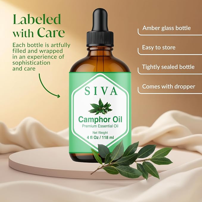 Siva Camphor Essential Oil 4 Fl Oz – for Diffuser, Skin & Hair Care – Ideal for Massage & DIY Blends- with Dropper