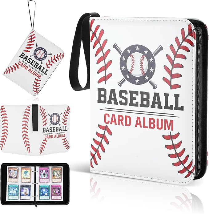 Best baseball card binder 4-Pocket holds 480 cards, 120 pages side-loading, PU leather zip waterproof cover, acid-free pages, for home storage & card shows, baseball cars binder, gift kids boys girls!