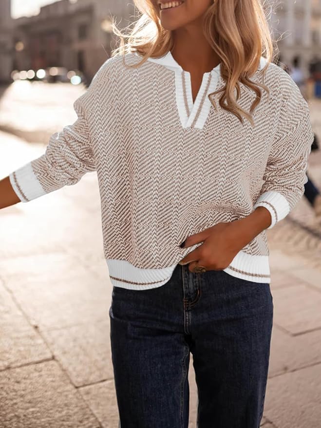 Saodimallsu Womens Fall Sweaters Tops Lapel V Neck Knit Color Block Shirt | Winter,Long Sleeve,Casual,Soft,Pullover,Cozy,Ribbed,Ladies,Chunky,Warm Sweaters,Checkered,Tunic,Work