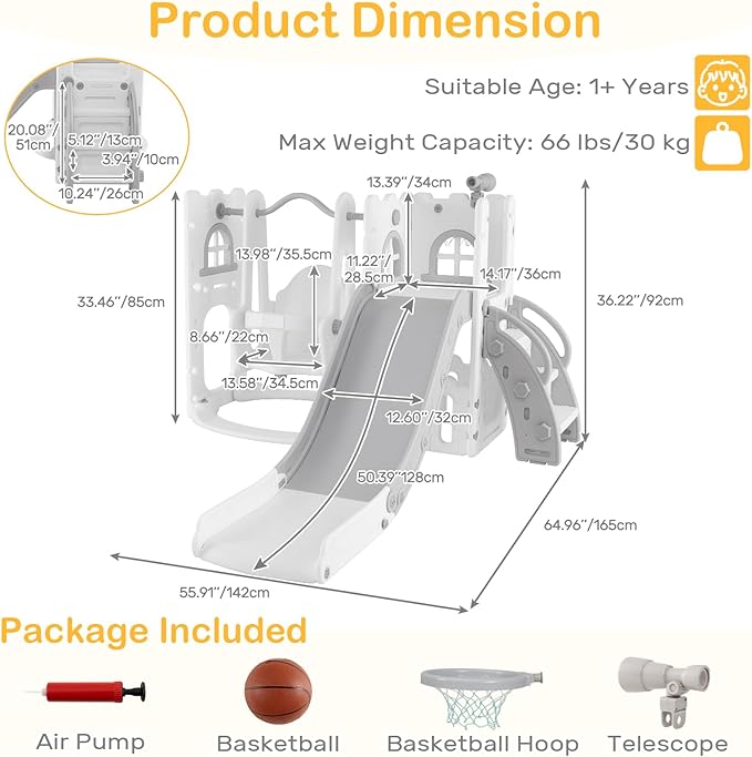 OLAKIDS Toddler Slide and Swing Set, 7 in 1 Kids Indoor Outdoor Playground with Climber Basketball Hoop Telescope Toy Storage for Boys Girls Aged 1+ (Grey)