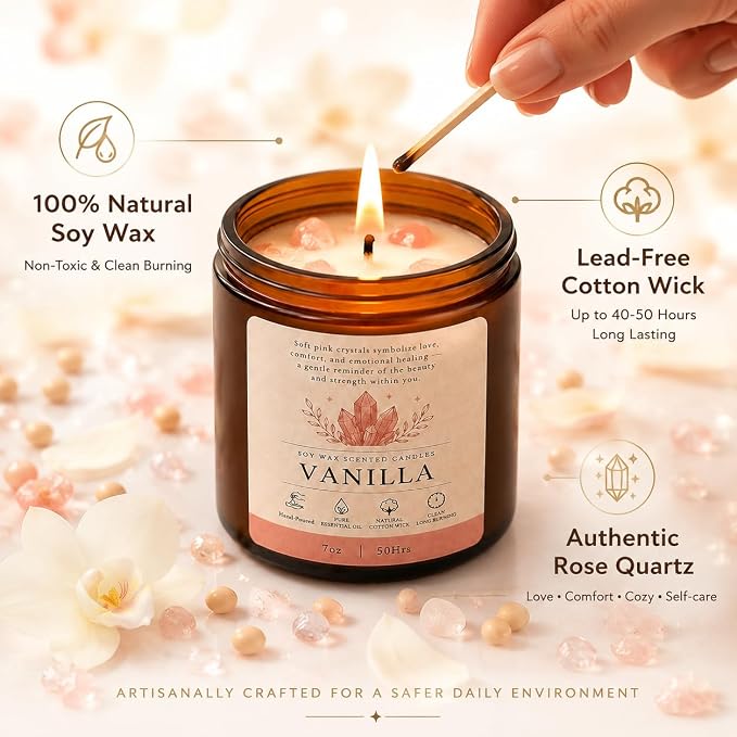 Vanilla Soy Candle with Crystal 7oz Scented Candles Aromatherapy Candle | Up to 40 Hours Burning Time | 100% Natural Soy Wax Jar Candle for Home Yoga | Gift Crystal Candle for Women