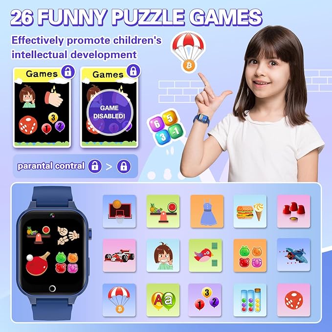 Vakzovy Smart Watch for Kids with 39 Puzzle Games HD Camera MP3 Player Audiobook Video Pedometer Habit Tracking Learn Card Flashlight Kids Smart Watch Boys Gift for 5-12 Year Old Boys Toys