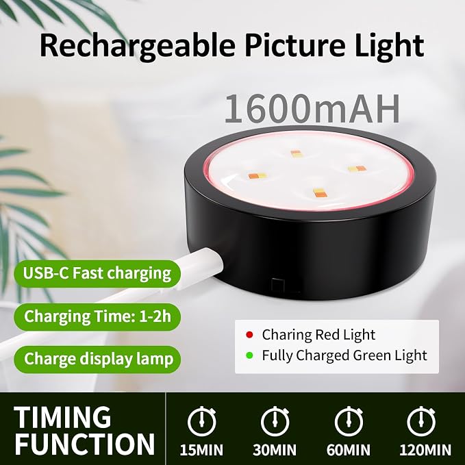 Tututry 3 Pack Wireless Picture Light, Rechargeable 2000mAh Battery Operated with Remote & Timer, Dimmable 3 Color Temps Magnetic Frame Light for Painting, Poster, Gallery Wall Decor