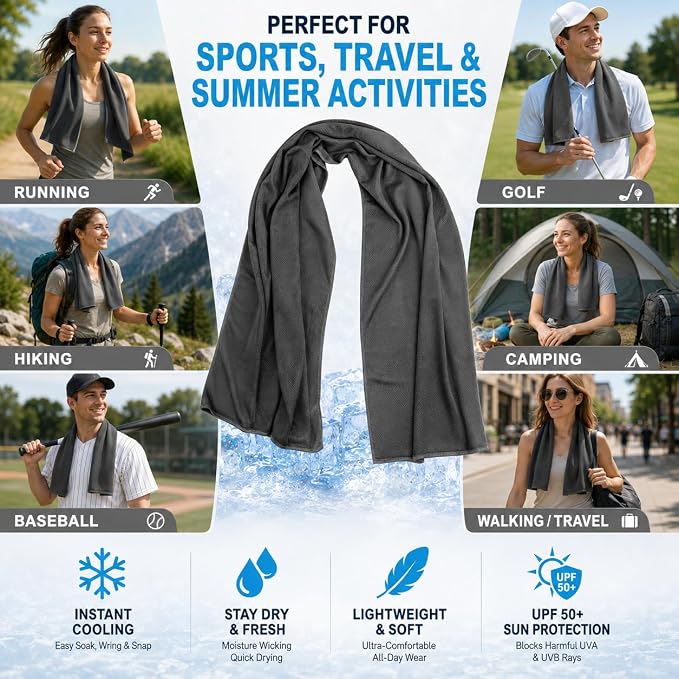 Cooling Towel 43.3" x 15.7" - Ice Sweat Towel for Neck & Face - Quick Cool Down Wrap for Summer Heat, Gym, Running, Golf, Yoga & Sports