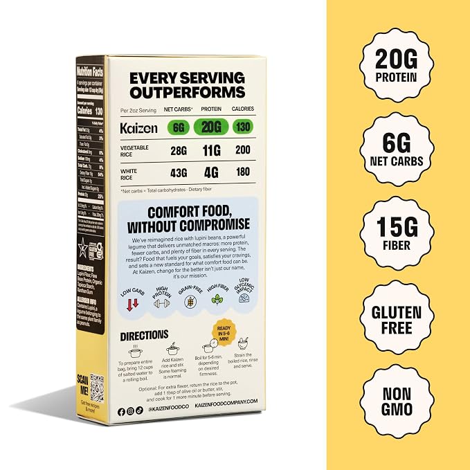 Kaizen Low Carb Rice, 20g High Protein, 6g Net Carb, Variety 8 Oz (3-Pack) | High Fiber 15g, Gluten-Free, Keto-Friendly, Plant-Based Lupini Orzo, Non-GMO, Kosher, Protein Base for Bowls