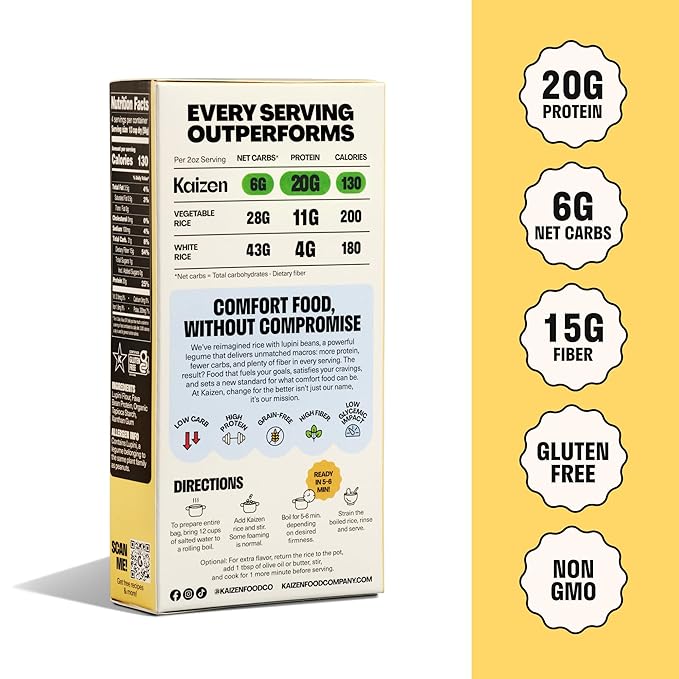 Kaizen Low Carb Rice, 20g High Protein, 6g Net Carb, Original 8 Oz (3-Pack) | High Fiber 15g, Gluten-Free, Keto-Friendly, Plant-Based Lupini Orzo, Non-GMO, Kosher, Unseasoned Base for Bowls