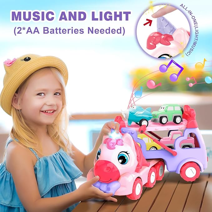 Toys for 3 Year Old Girl, 5-in-1 Unicorn Toys Carrier Truck Toy Cars with Light & Sound,Girl Toddler Toys Age 3-5, 3 4 5 Year Old Birthday Gifts