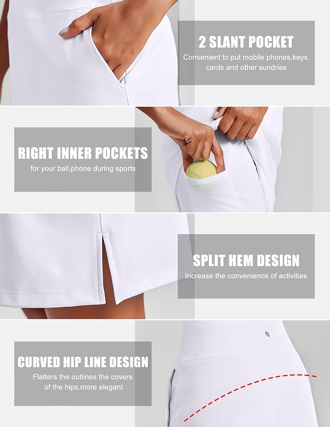 PINSPARK 20" Skorts for Woman Knee Length UPF 50+ Golf Skirts | 4 Pockets, Built-in Shorts, High Waisted, Split Hem, Silky-smooth, Moisture-wicking, for Golf Athletic Tennis Workout Casual