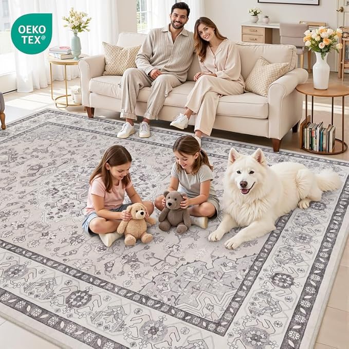6x9 Area Rugs for Living Room: Vintage Boho Neutral Washable Rug Indoor Soft Large Area Rug Carpet for Bedroom Nursery Farmhouse Dining Room Office Floor Non-Slip Low Pile Under Table Beige & Grey