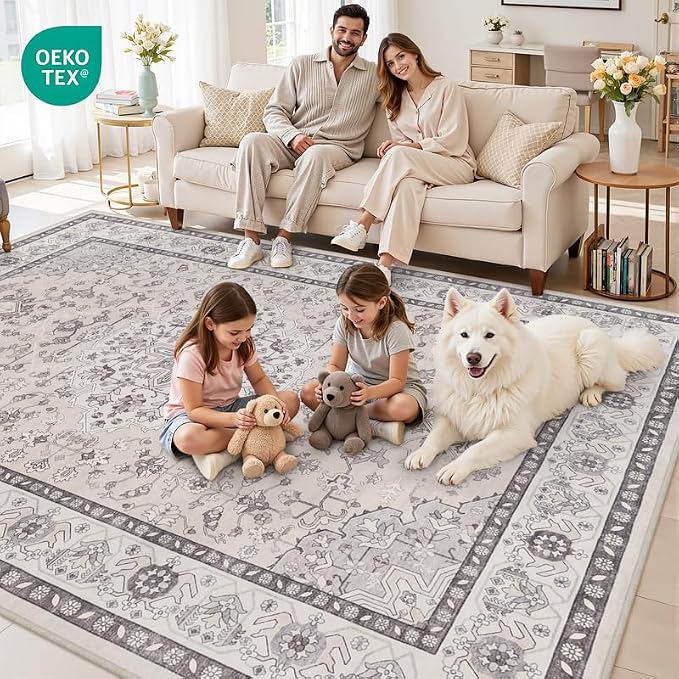 5x7 Area Rugs for Living Room: Vintage Boho Neutral Washable Rug Indoor Soft Large Area Rug Carpet for Bedroom Nursery Farmhouse Dining Room Office Floor Non-Slip Low Pile Under Table Beige & Grey