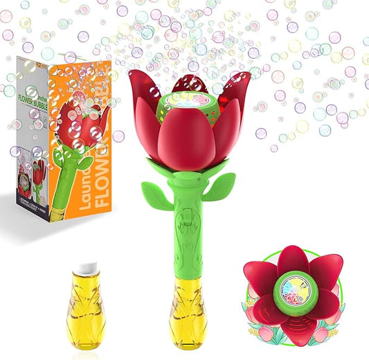 Bubble Wand Blower for Kids Handheld Lotus Bubble Wand Automatic Bubble Machine with Battery/Light/10000+Bubbles/Bubble Solution Bubble Toy for Girl Boys Party Weddings Outdoor Indoor (Red-3099)