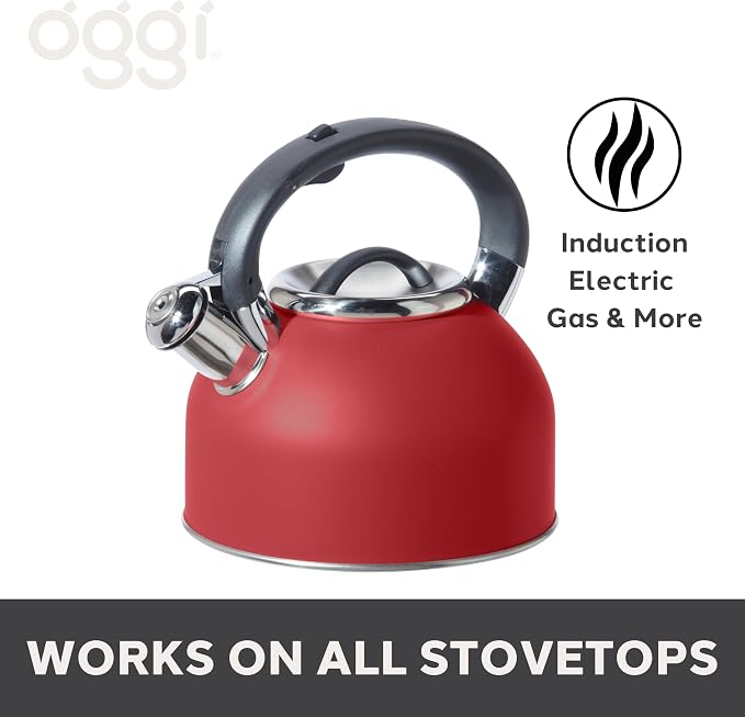 OGGI Tea Kettle for Stove Top - 64oz / 1.9lt, Stainless Steel with Loud Whistle, Ideal Hot Water Kettle and Water Boiler - Brick Red