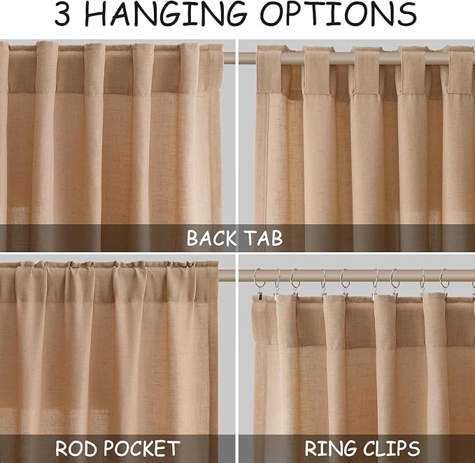 Nanspring Camel Linen Curtains for Living Room 105 Inches Long Back Tab and Rod Pocket Light Filtering Semi Sheer Vintage Rustic Curtain Luxury Boho Decor Drapes for Bedroom Office 52x105, 2 Panels