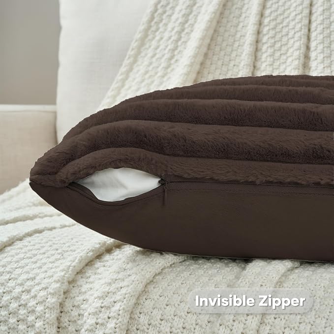 FUTEI Pack of 2 Faux Fur Throw Pillow Covers 24x24 Inch, Dark Coffee | Fluffy Faux Rabbit Fur Front/Premium Velvet Back,Hidden Zipper,Machine Washable,Non-Shedding,Colorfast,Insert Not Included.