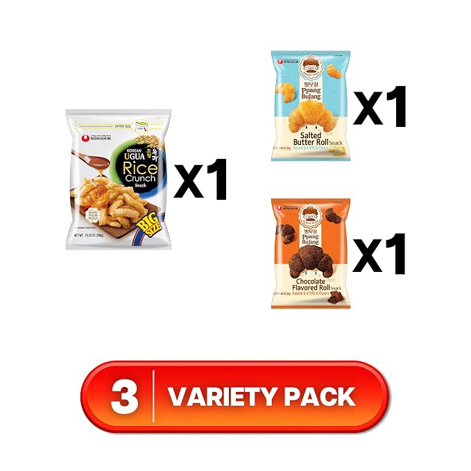 Nongshim Sweet Korean Snack Variety Pack, Asian Snacks Box, 3 Count | Korean bakery-style sweet snack variety with brown rice syrup, chocolate and salted-butter profiles