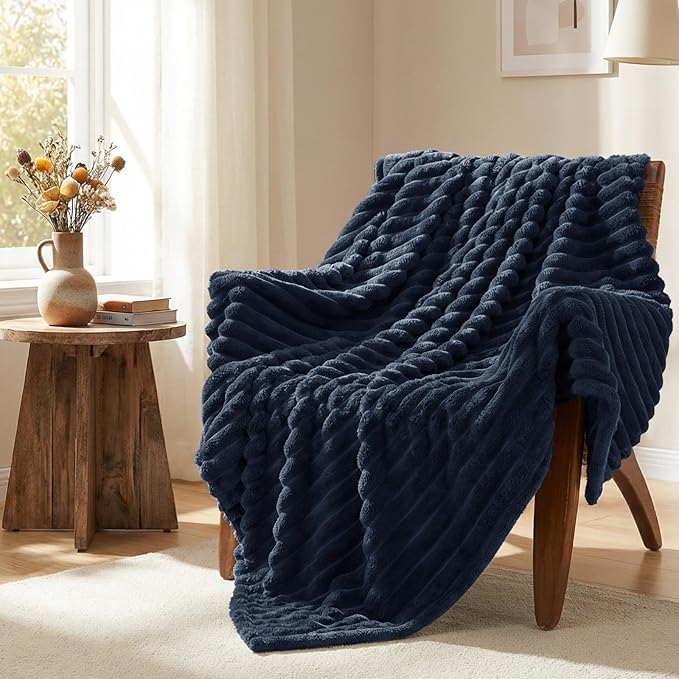HIMEET Navy Blue Queen Blanket for Bed, 300GSM Ribbed Fleece, 90 x 90 in | Ultra Soft Flannel, All-Season Lightweight Warmth, Cozy Bed Coverage & Bedroom Decor, Gift for Men & Women, Machine Washable