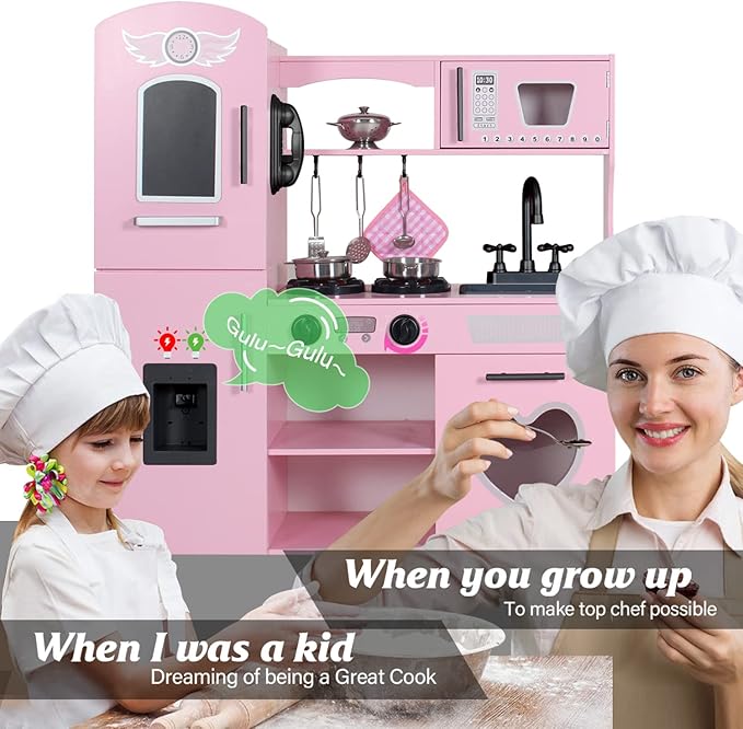 TaoHFE Play Kitchen, Pink Kids Kitchen Set for Girls Kitchen Set for Kids Ages 6-8 Gift Toddler Kitchen Set for Kid Age 3+ Kitchen Playset with Lights & Sounds Wooden Toy Kitchen Playset Gift